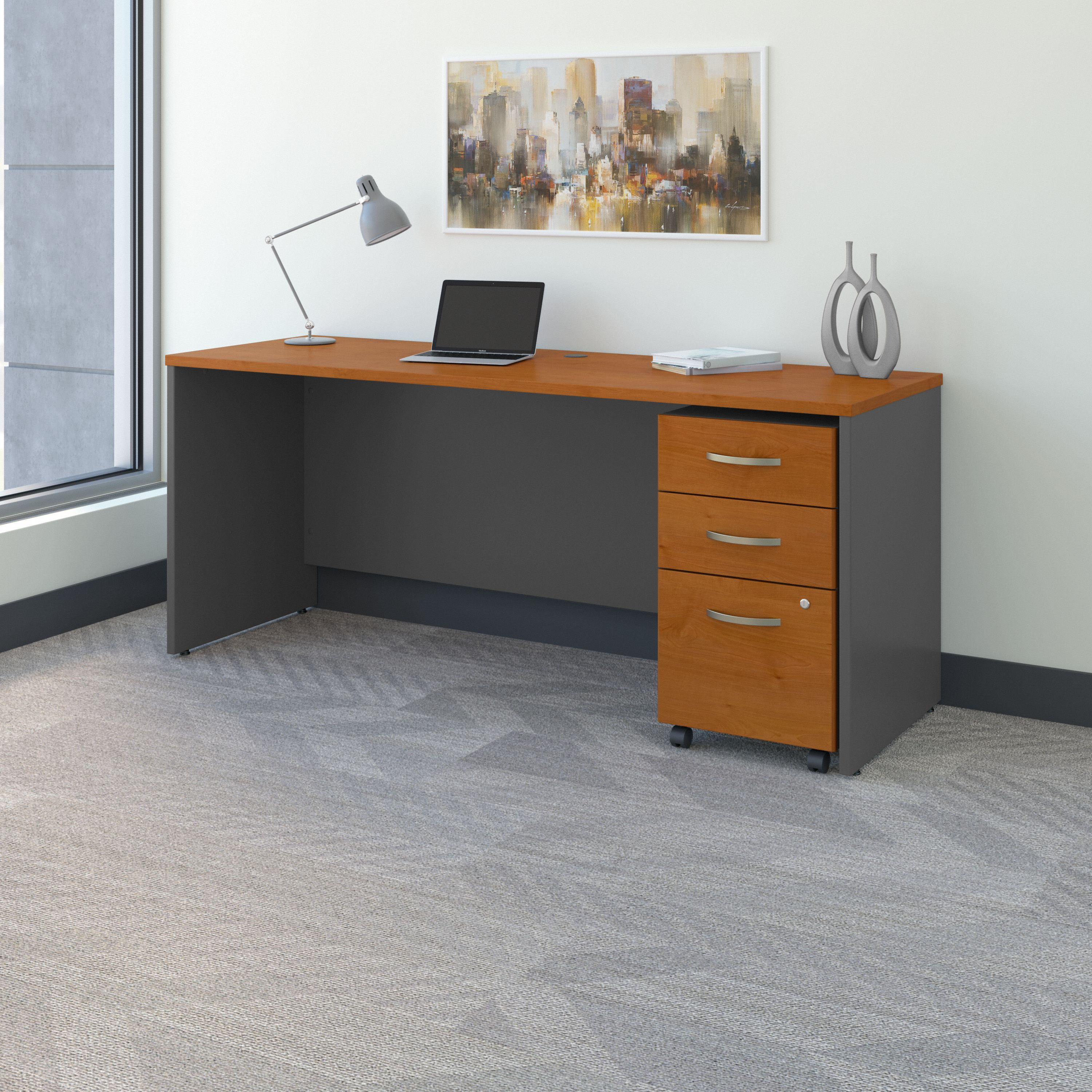 Shop Bush Business Furniture Series C 72W x 24D Office Desk with Mobile File Cabinet 01 SRC026NCSU #color_natural cherry/graphite gray