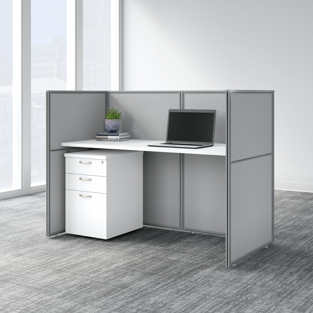 Shop Bush Business Furniture Easy Office 60W Cubicle Desk with File Cabinet and 45H Closed Panels Workstation, Image 02, EOD260SWH-03K, #color_pure white/silver gray