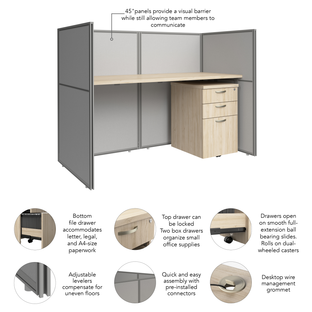 Shop Bush Business Furniture Easy Office 60-inch Cubicle Desk with Drawers and Low Panels, Image 07, EOD260SNE-03K, #color_natural elm/silver gray