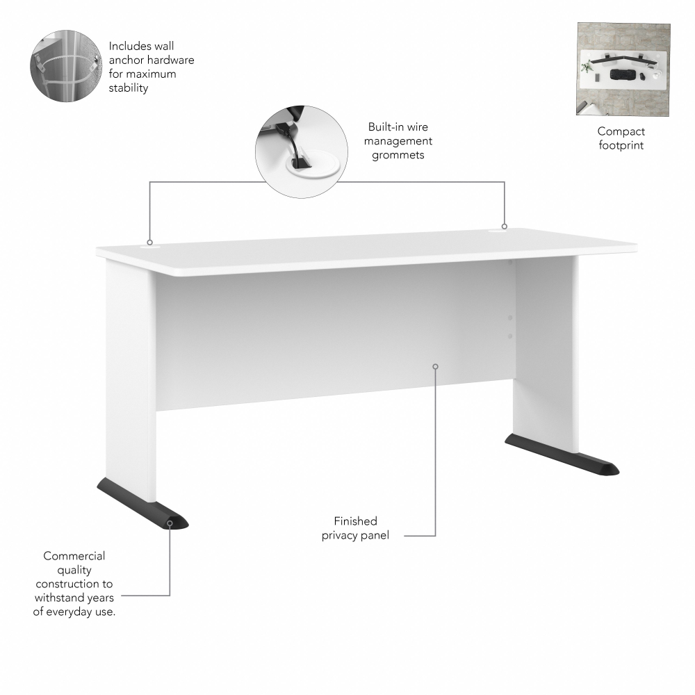 Shop Bush Business Furniture Studio A 60W Computer Desk with 3 Drawer Mobile File Cabinet, Image 06, STA002WHSU, #color_white