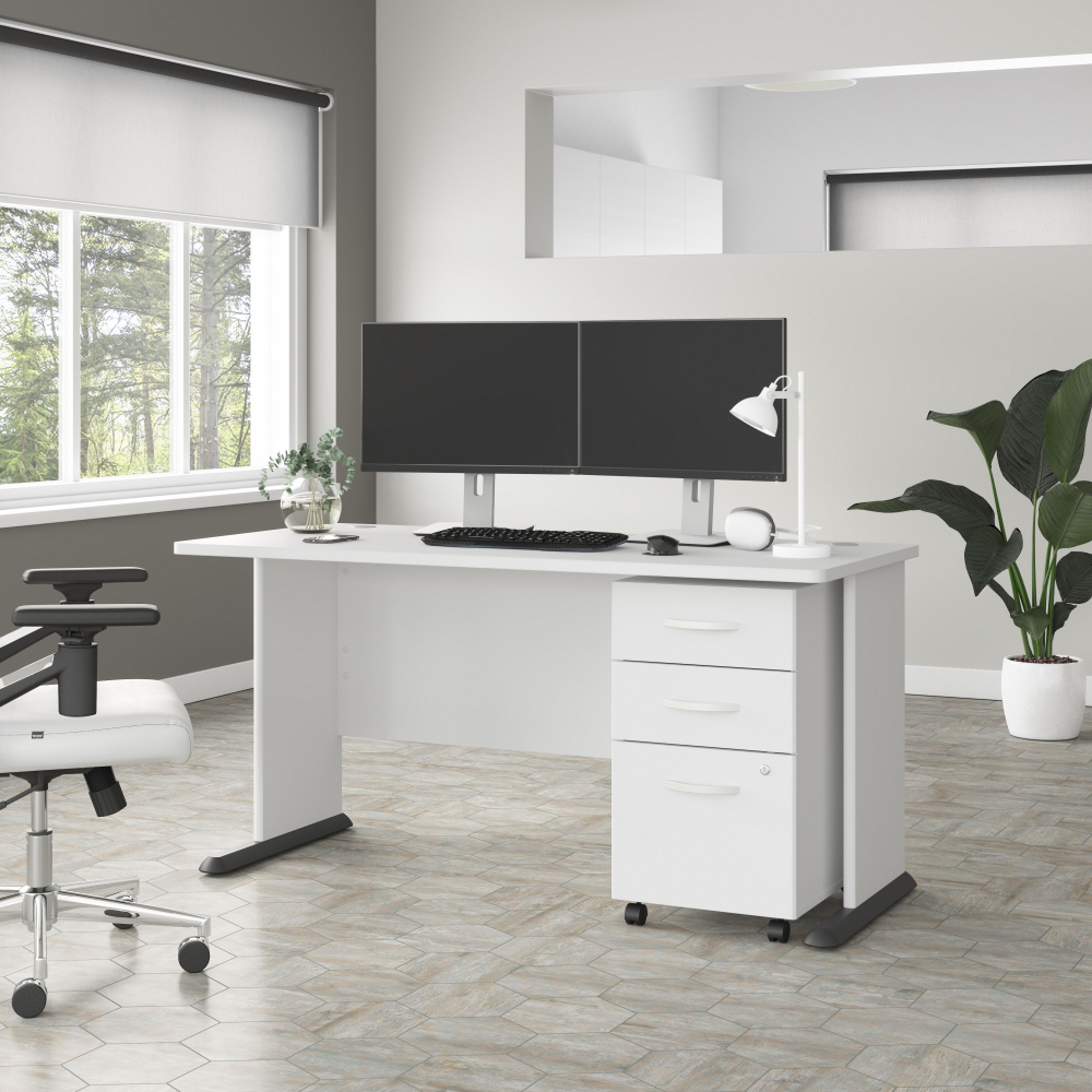 Shop Bush Business Furniture Studio A 60W Computer Desk with 3 Drawer Mobile File Cabinet, Image 02, STA002WHSU, #color_white