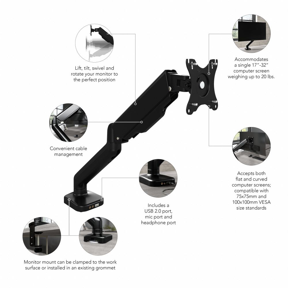 Shop Bush Business Furniture Adjustable Monitor Arm with USB Port, Image 08, AC99890-03, #color_black paint