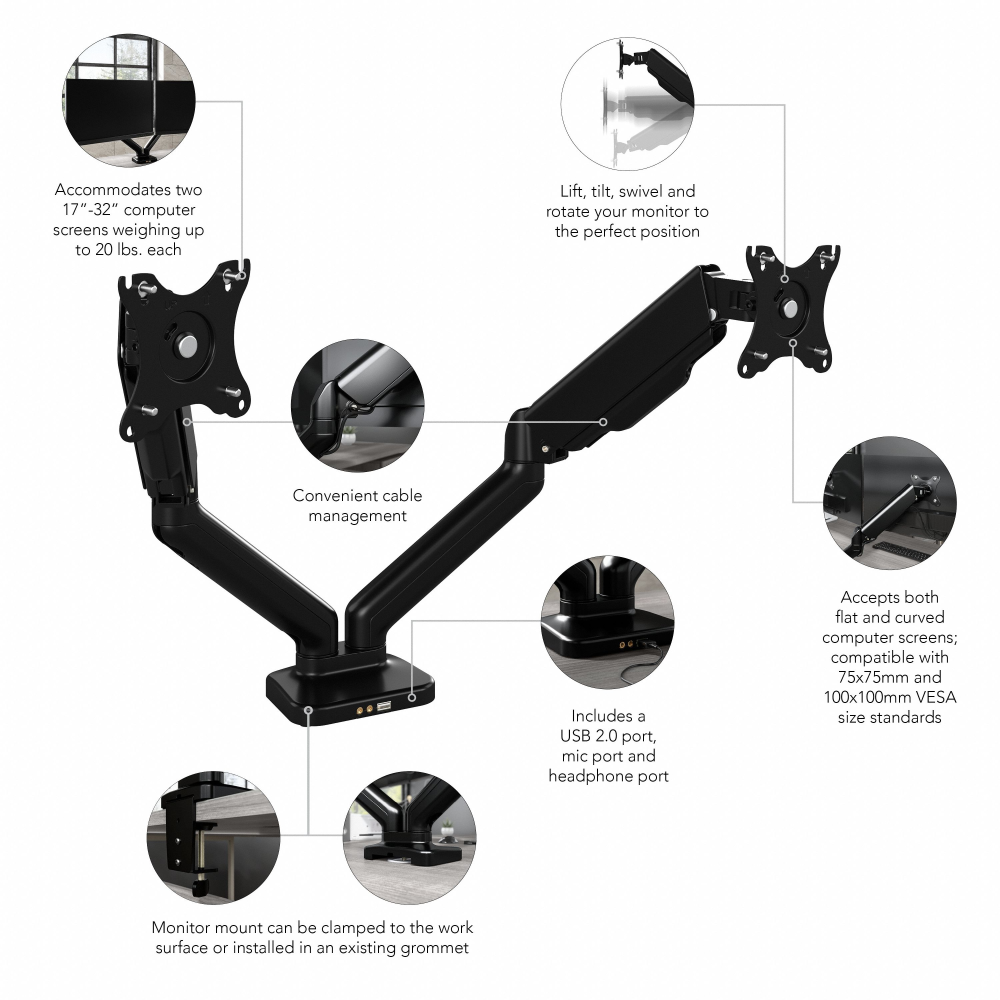 Shop Bush Business Furniture Adjustable Dual Monitor Arm with USB Port, Image 08, AC99891-03, #color_black paint