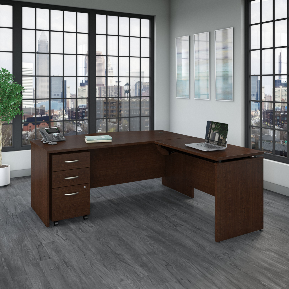 Shop Bush Business Furniture Series C 72W x 36D 3 Position Bow Front Sit to Stand L Shaped Desk with Mobile File Cabinet, Image 04, SRC126MRSU, #color_mocha cherry