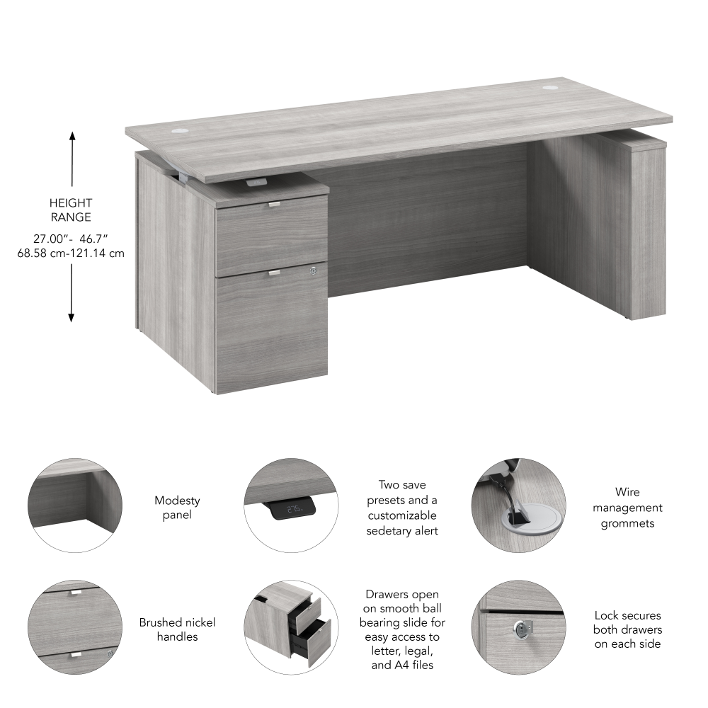 Shop Bush Business Furniture Stratus 72W x 30D Eletric Height Adjustable Standing Desk with File Cabinet, Image 07, SUT008PG, #color_platinum gray