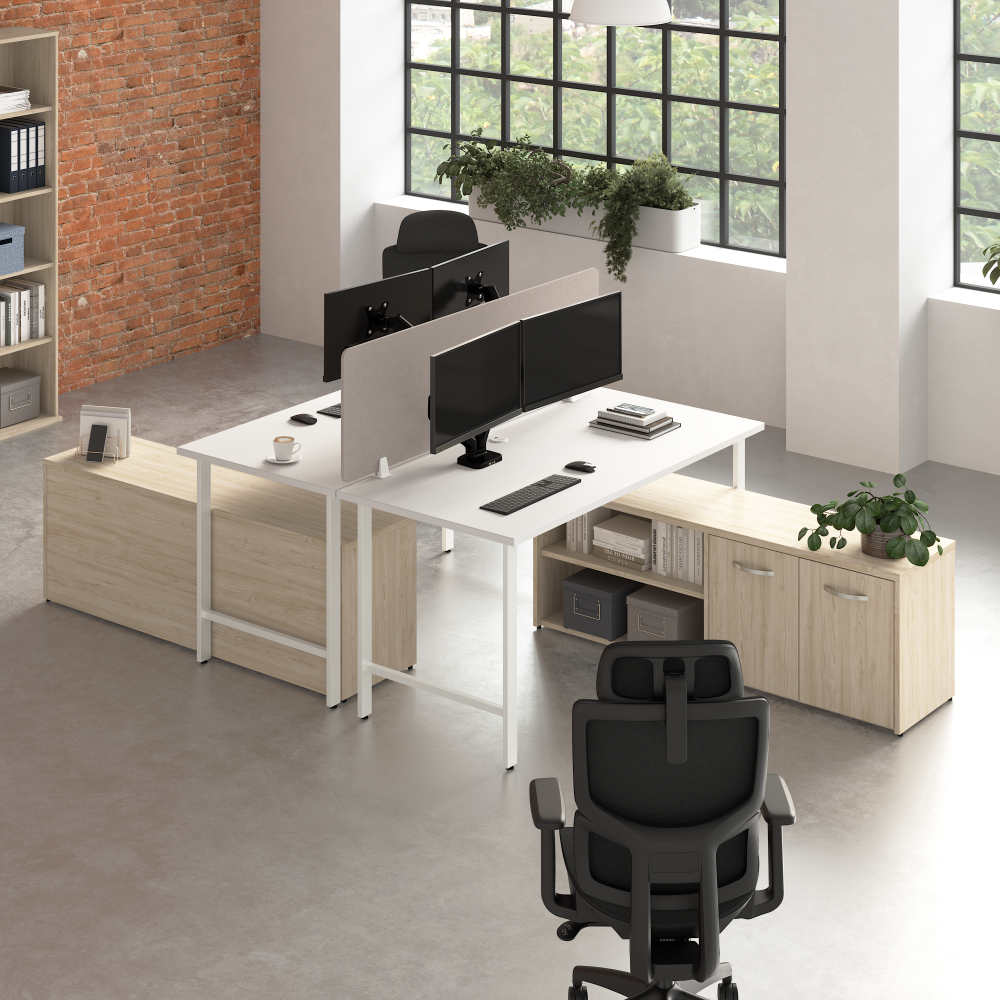 Shop Bush Business Furniture Hustle 2 Person Computer Desk with Low Storage Cabinets, Power Grommets, and Privacy Screen, Image 02, HUS015WHNE, #color_white/natural elm