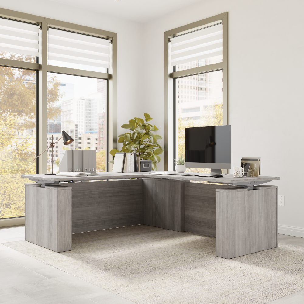 Shop Bush Business Furniture Stratus 72W x 78D Electric Height Adjustable L Shaped Standing Desk, Image 03, SUT014PG, #color_platinum gray