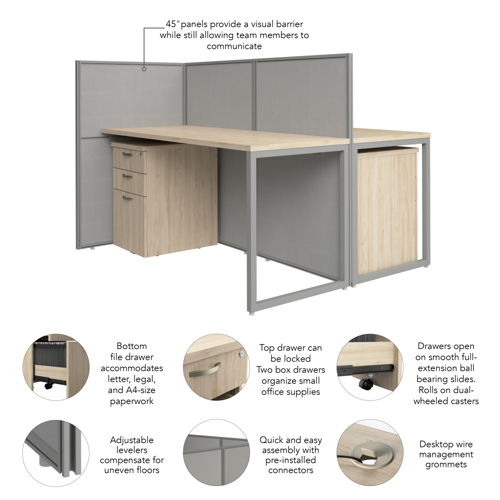 Shop Bush Business Furniture Easy Office 60-inch 2 Person Cubicle Desk with Drawers and Low Panels, Image 07, EOD460SNE-03K, #color_natural elm/silver gray fabric
