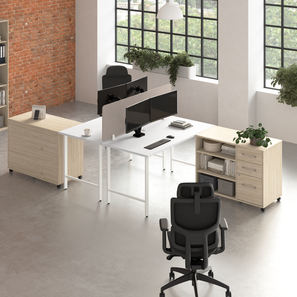 Shop Bush Business Furniture Hustle 2 Person Computer Desk with Mobile Storage Cabinets, Power Grommets, and Privacy Screen, Image 02, HUS016WHNE, #color_white/natural elm