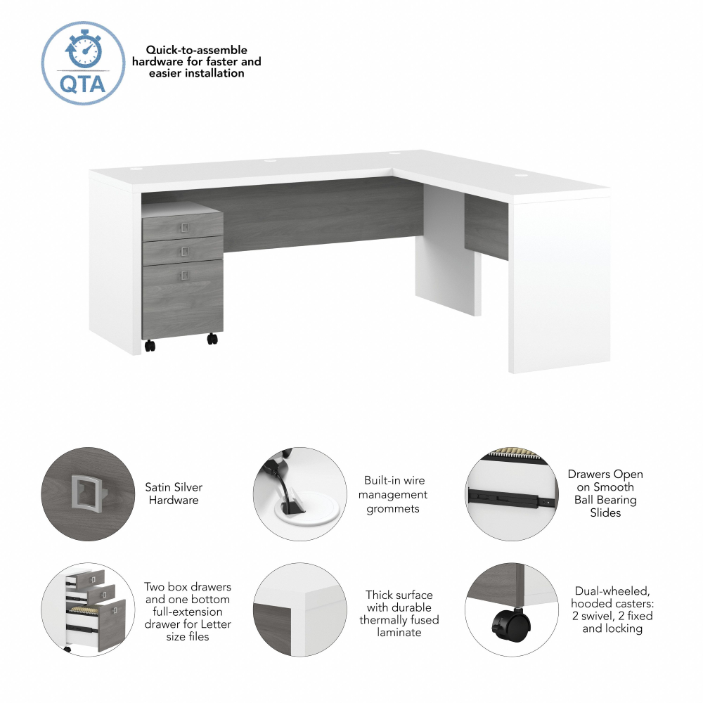 Shop Bush Business Furniture Echo 72W L Shaped Computer Desk with 3 Drawer Mobile File Cabinet, Image 07, ECH050WHMG, #color_pure white/modern gray
