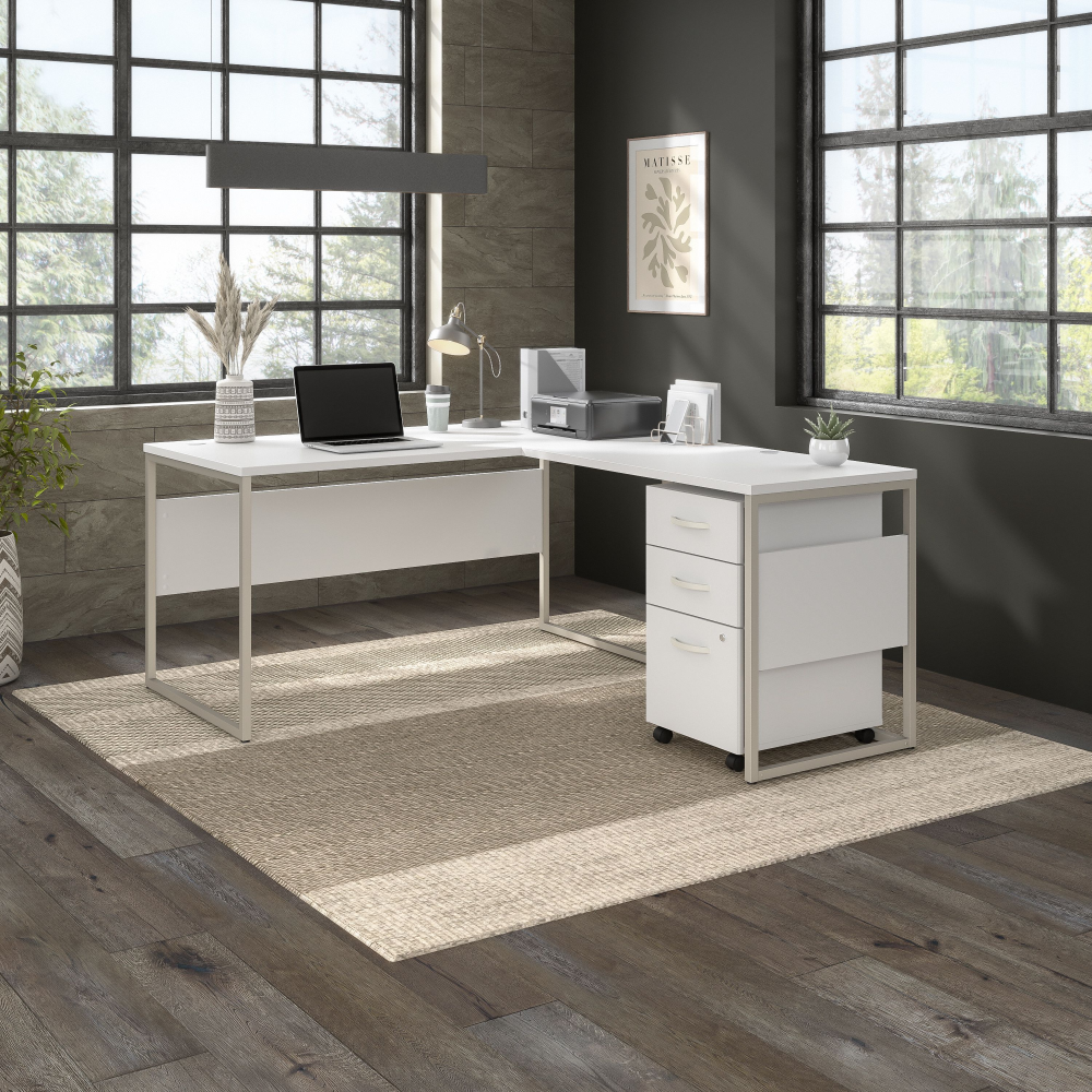 Shop Bush Business Furniture Hybrid 60W x 30D L Shaped Table Desk with Mobile File Cabinet, Image 02, HYB029WHSU, #color_white