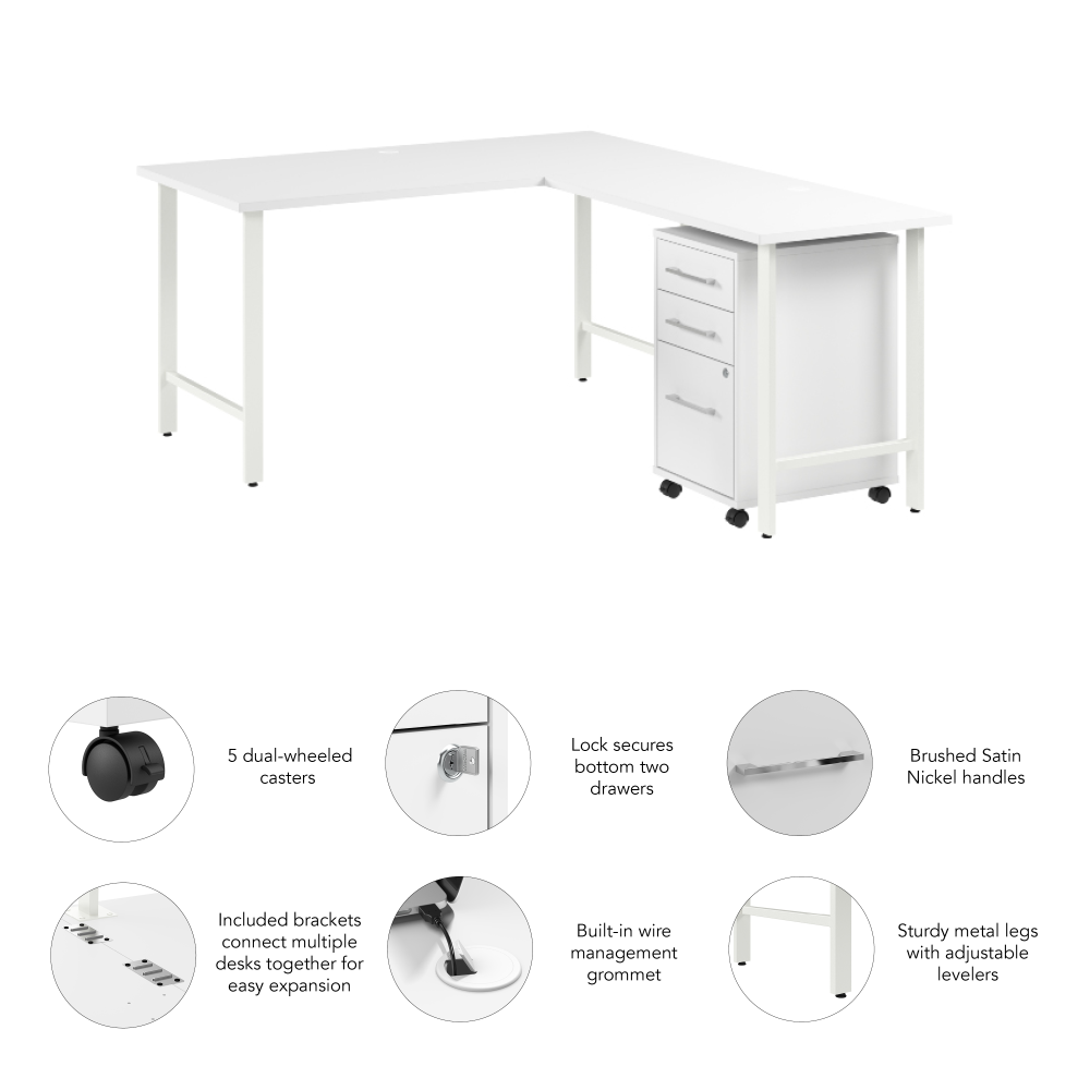 Shop Bush Business Furniture Hustle 60W x 30D L Shaped Computer Desk with 3 Drawer Mobile File Cabinet, Image 04, HUS006WH, #color_white