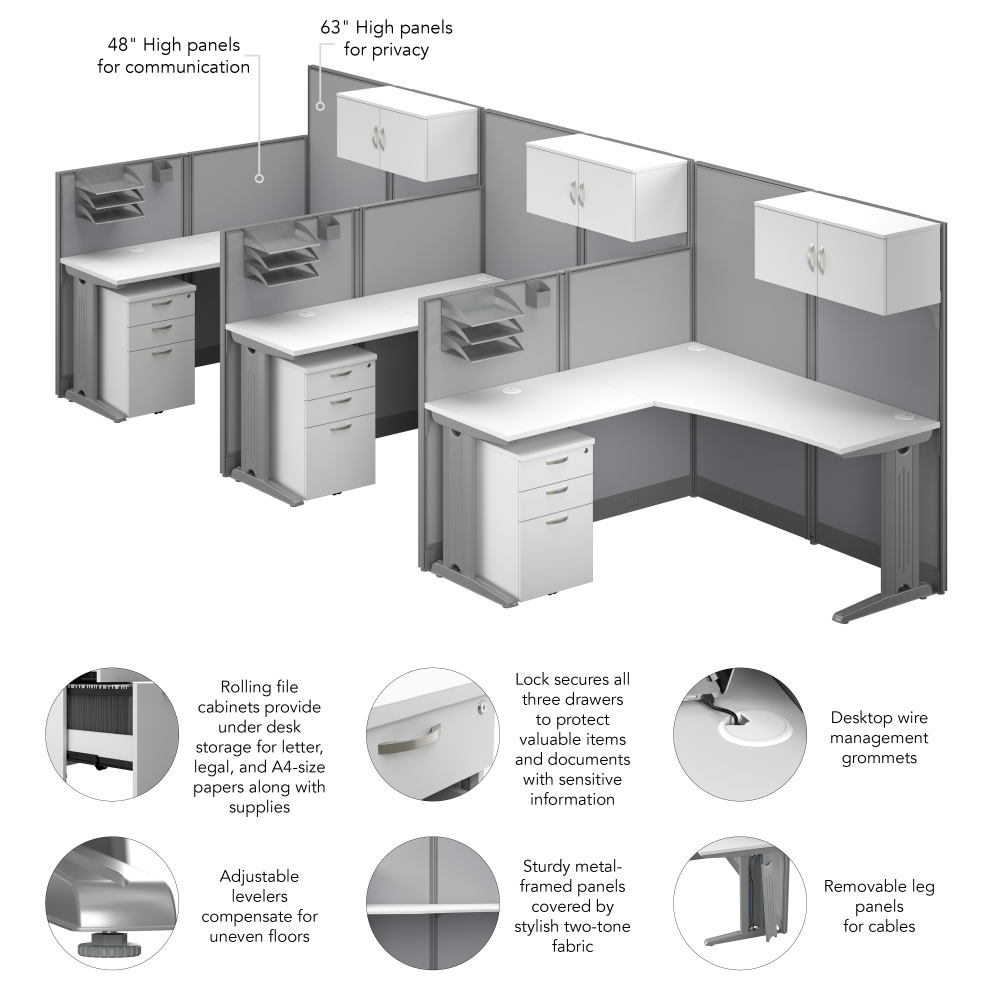 Shop Bush Business Furniture Office in an Hour 3 Person L Shaped Cubicle Desks with Storage, Drawers, and Organizers, Image 07, OIAH006WH, #color_pure white