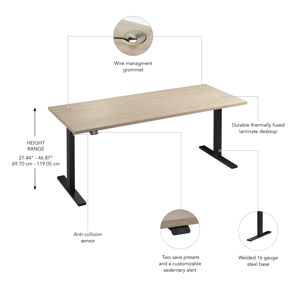 Shop Bush Business Furniture Move 60 Series 72W x 30D Electric Height Adjustable Standing Desk, Image 06, M6S7230NEBK, #color_natural elm/black powder coat