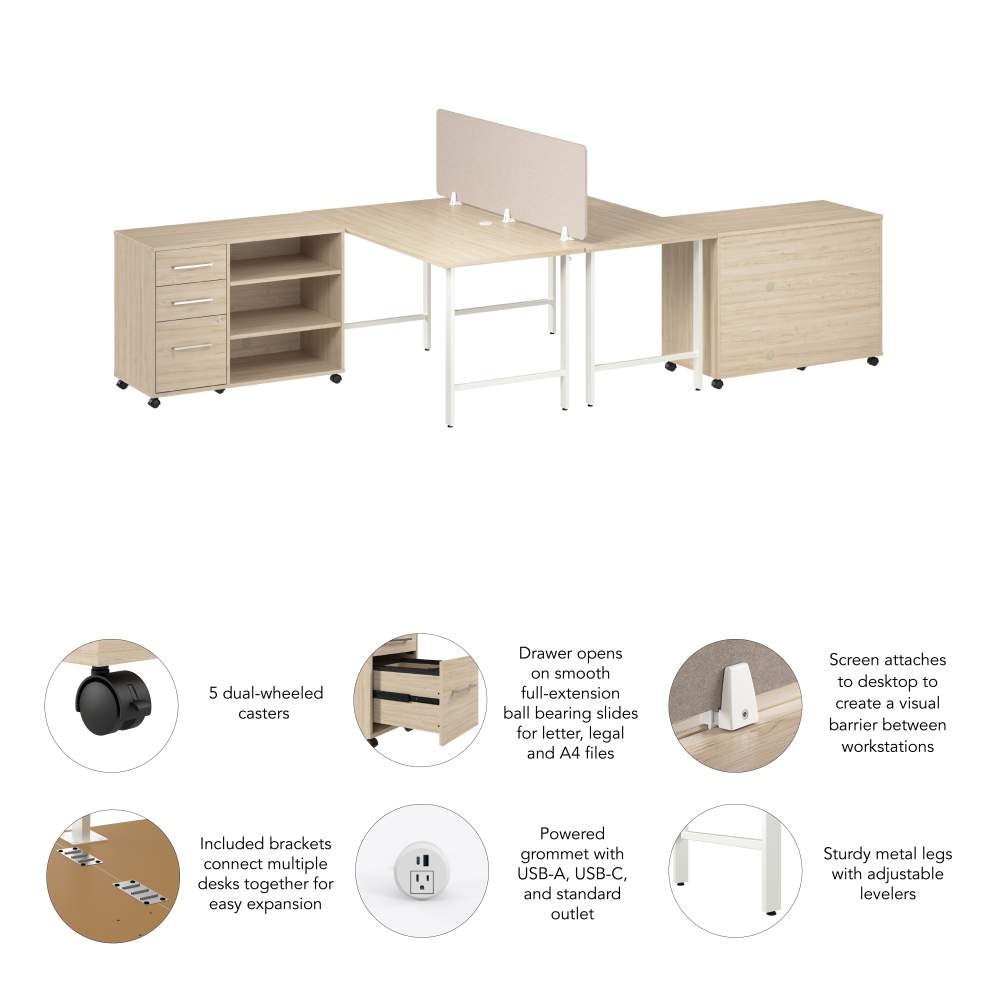 Shop Bush Business Furniture Hustle 2 Person Computer Desk with Mobile Storage Cabinets, Power Grommets, and Privacy Screen, Image 06, HUS016NE, #color_natural elm