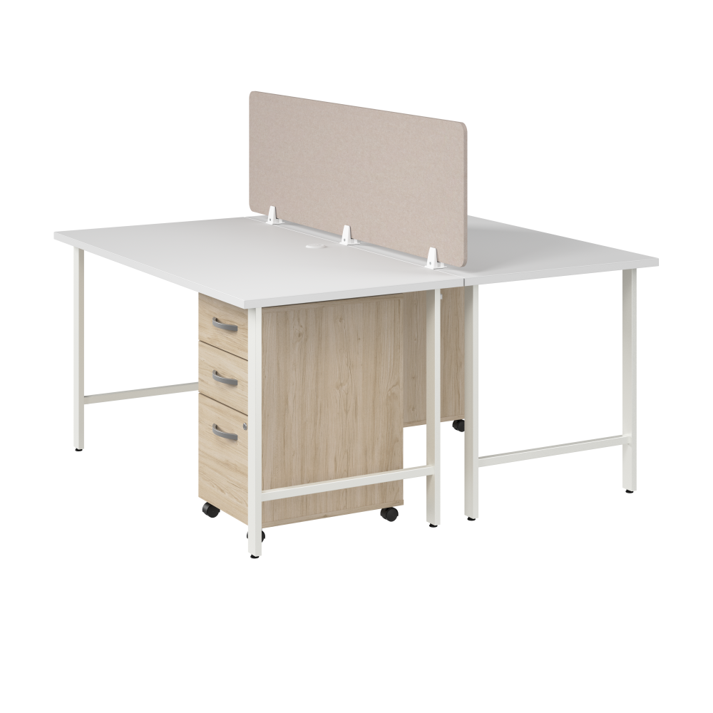 Shop Bush Business Furniture Hustle 2 Person Computer Desk with Mobile File Cabinets, Power Grommets, and Privacy Screen, Image 01, HUS014WHNESU, #color_white/natural elm