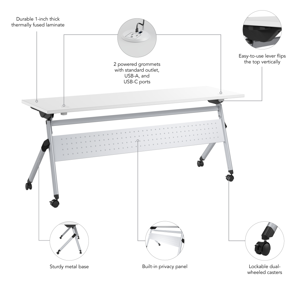 Shop Bush Business Furniture Envision 72W Folding Training Table with Powered Grommets, Image 06, NVS010WH, #color_white/cool gray metallic