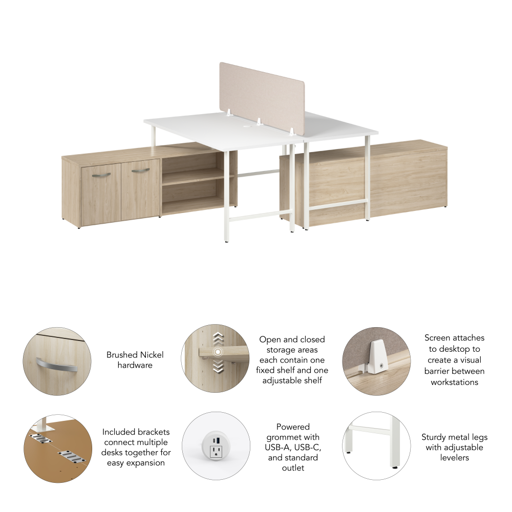Shop Bush Business Furniture Hustle 2 Person Computer Desk with Low Storage Cabinets, Power Grommets, and Privacy Screen, Image 06, HUS015WHNE, #color_white/natural elm