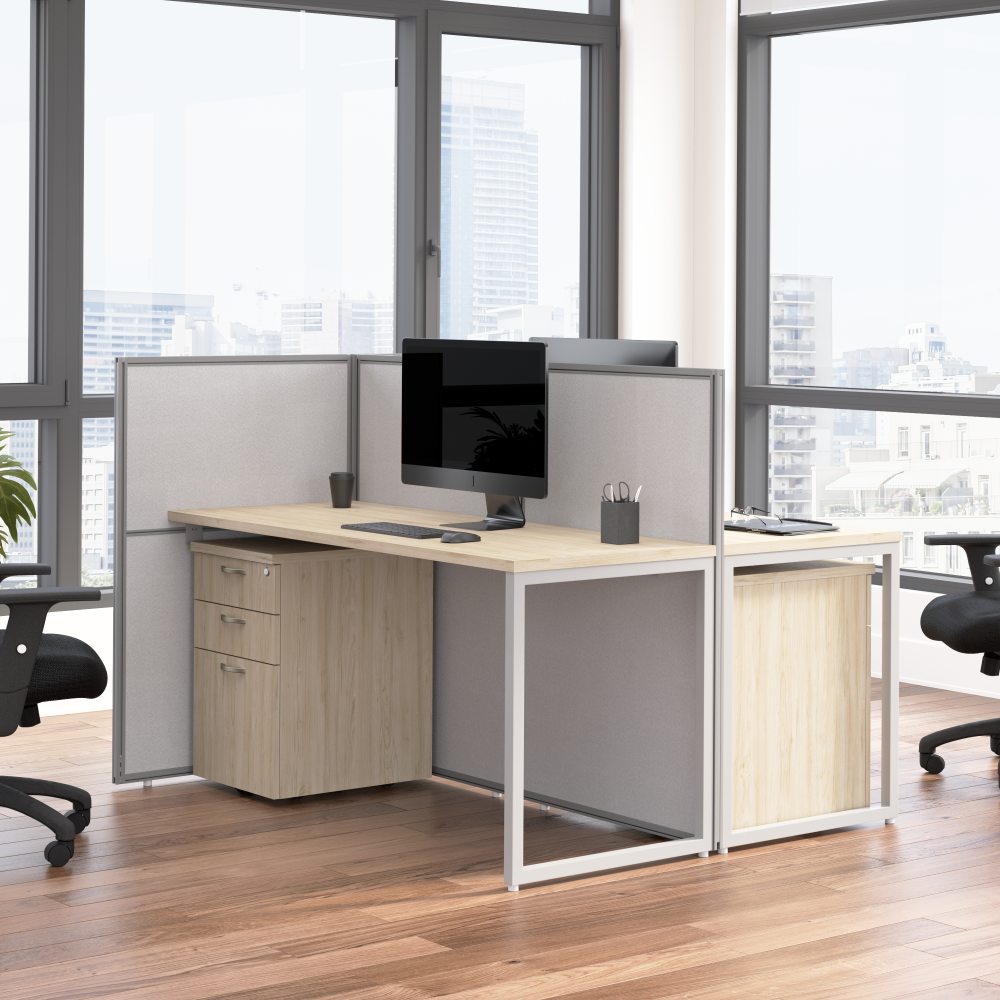Shop Bush Business Furniture Easy Office 60-inch 2 Person Cubicle Desk with Drawers and Low Panels, Image 02, EOD460SNE-03K, #color_natural elm/silver gray fabric