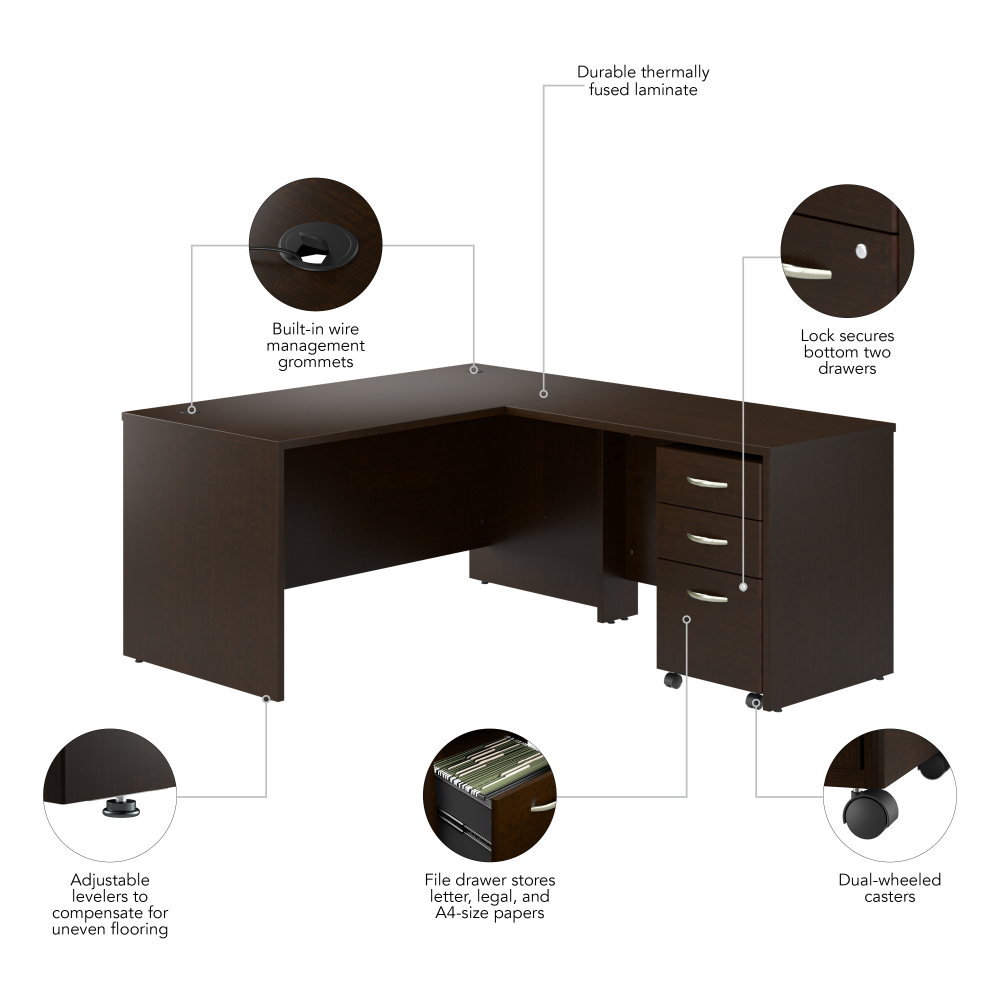 Shop Bush Business Furniture Series C 60W L Shaped Desk with 42W Return and Mobile File Cabinet, Image 06, SRC168MRSU, #color_mocha cherry