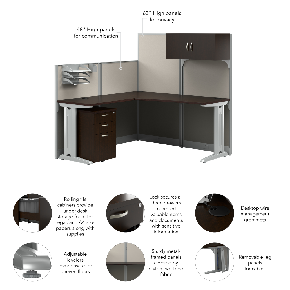 Shop Bush Business Furniture Office in an Hour 65W L Shaped Cubicle Desk with Storage, Drawers, and Organizers, Image 07, WC36894-03STGK, #color_mocha cherry