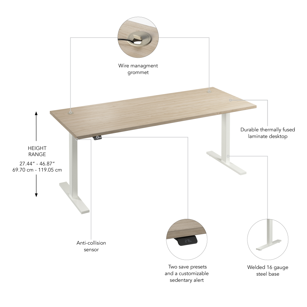 Shop Bush Business Furniture Move 60 Series 72W x 30D Electric Height Adjustable Standing Desk, Image 06, M6S7230NEWK, #color_natural elm/white powder coat