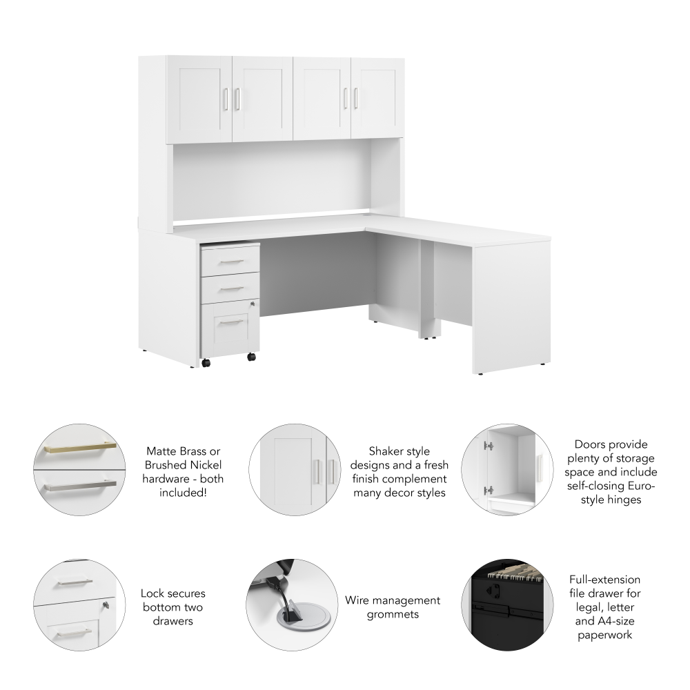 Shop Bush Business Furniture Hampton Heights 72W x 30D L-Shaped Office Desk with Hutch and 3 Drawer Mobile File Cabinet, Image 06, HHD005WH, #color_white
