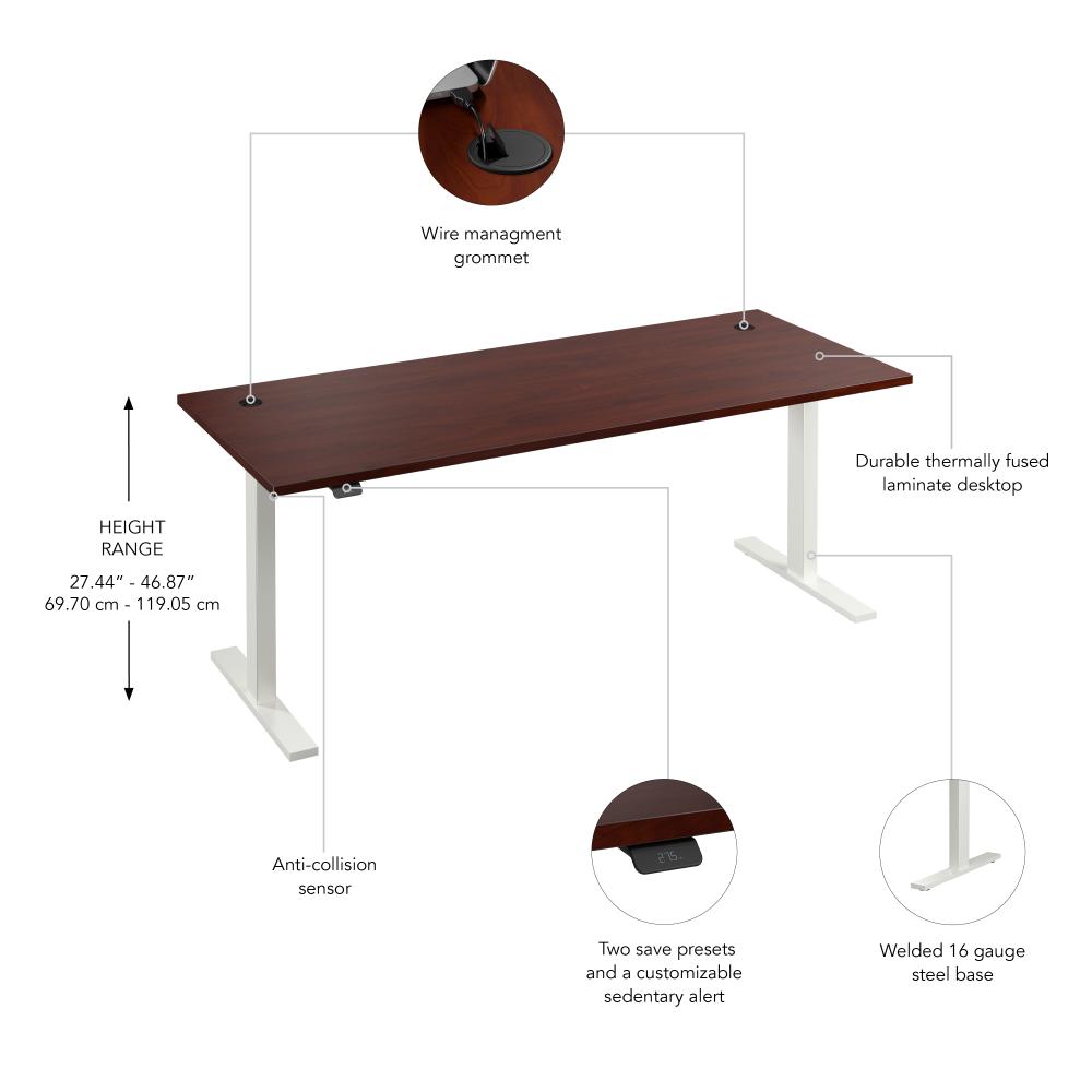 Shop Bush Business Furniture Move 60 Series 72W x 30D Electric Height Adjustable Standing Desk, Image 06, M6S7230HCWK, #color_hansen cherry/white powder coat