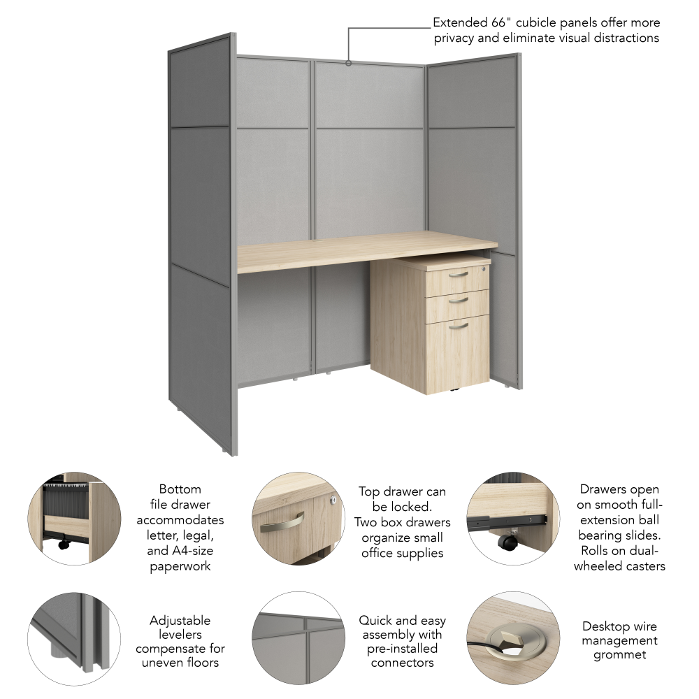 Shop Bush Business Furniture Easy Office 60-inch Cubicle Desk with Drawers and Tall Panels, Image 07, EODH26SNE-03K, #color_natural elm/silver gray fabric