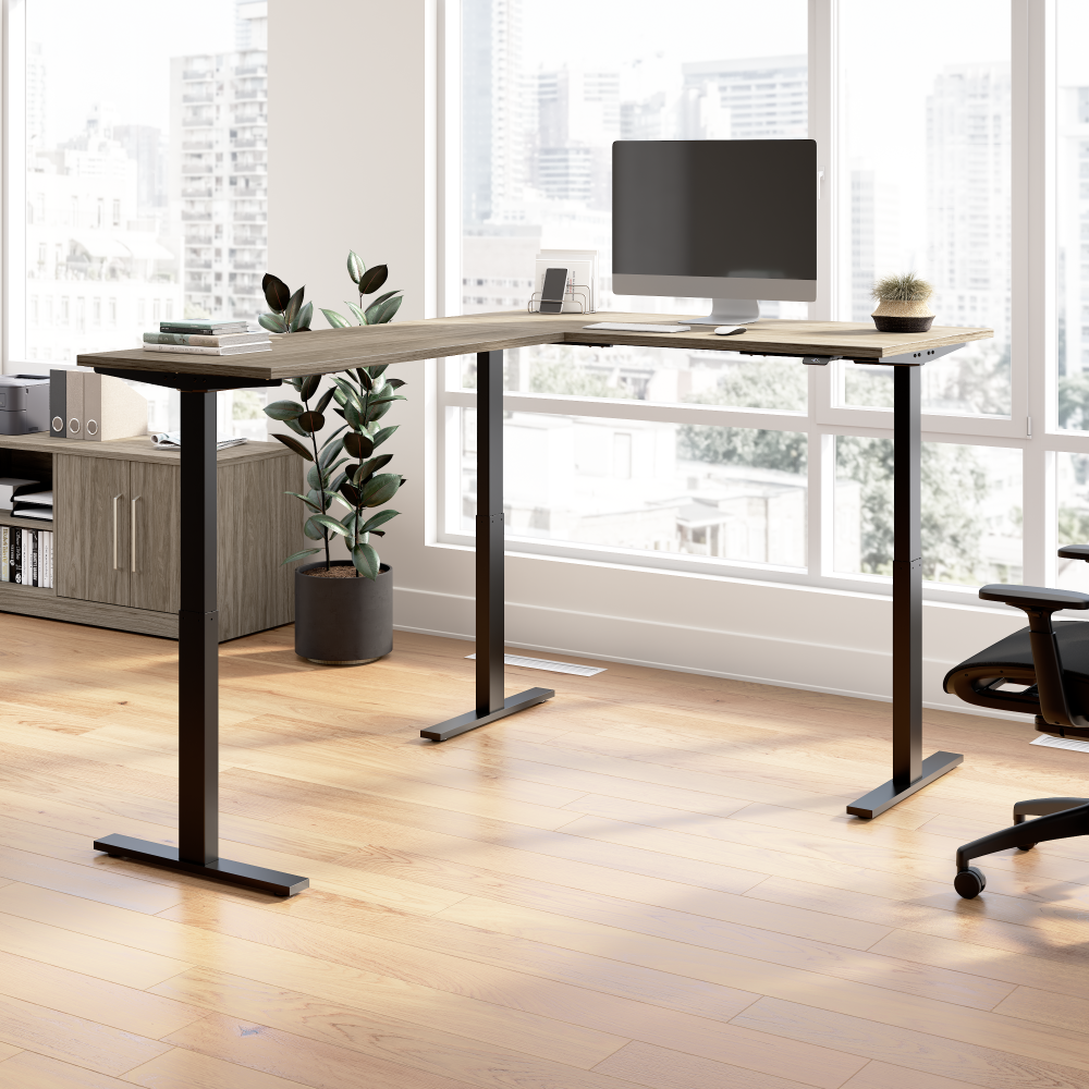 Shop Bush Business Furniture Move 60 Series 60W Height Adjustable L Shaped Standing Desk, Image 02, M6SL6078MHBK, #color_modern hickory/black powder coat