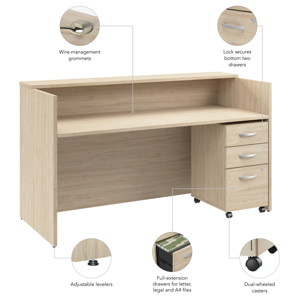Shop Bush Business Furniture Arrive 72W x 30D Reception Desk with Shelf and Mobile File Cabinet, Image 08, ARV005NE, #color_natural elm