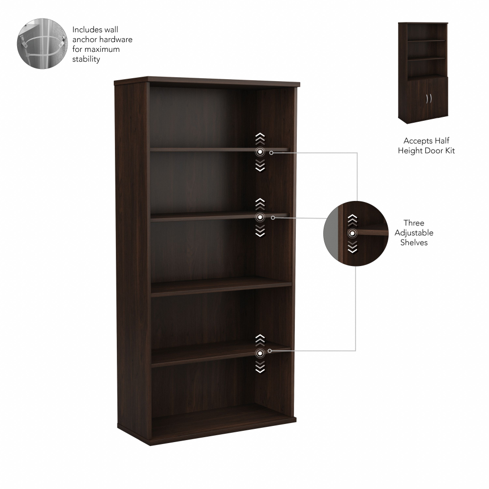 Shop Bush Business Furniture Hybrid Tall 5 Shelf Bookcase, Image 05, HYB136BW-Z, #color_black walnut