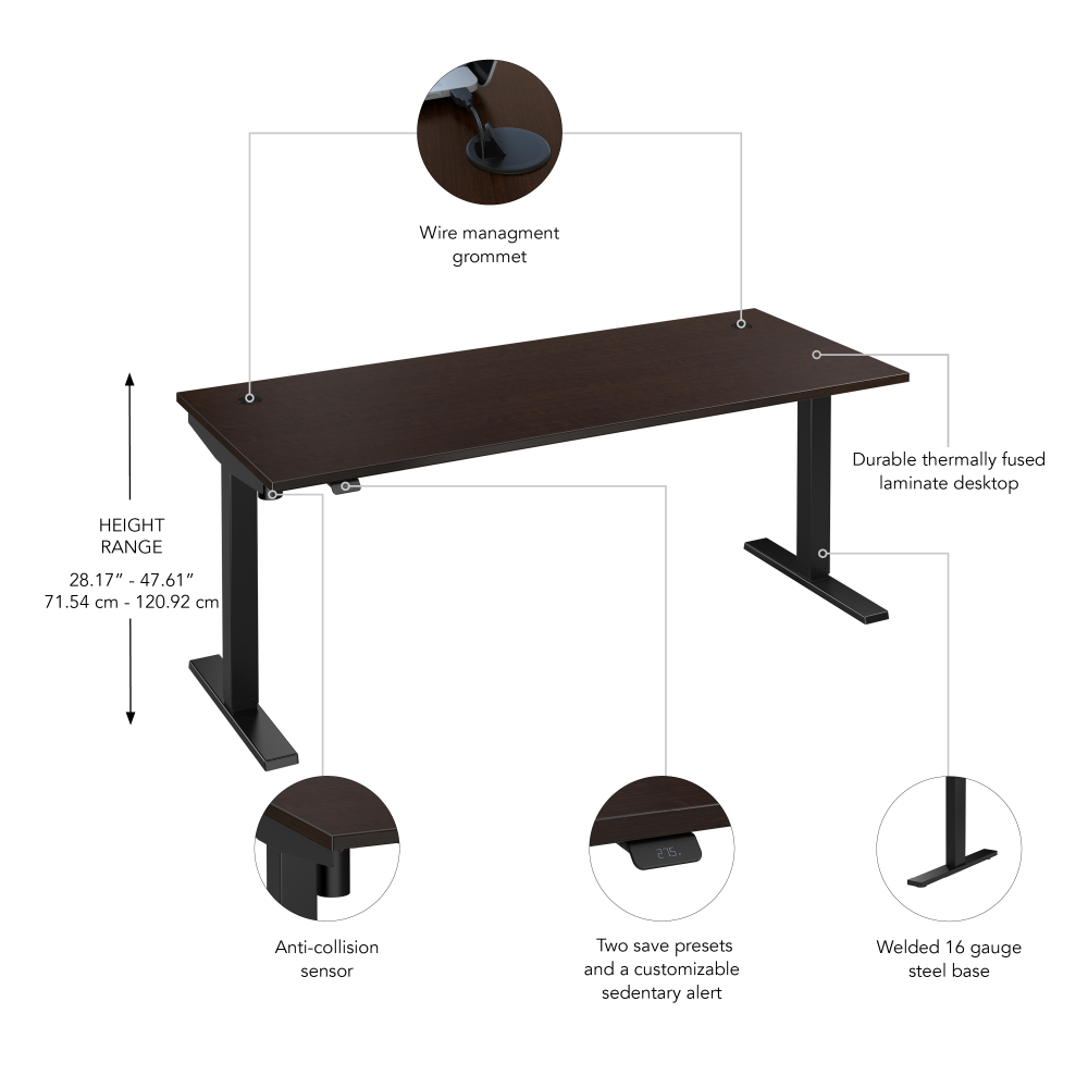 Shop Bush Business Furniture Move 40 Series 72W x 30D Electric Height Adjustable Standing Desk, Image 06, M4S7230MRBK, #color_mocha cherry/black powder coat