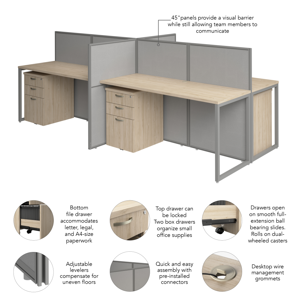 Shop Bush Business Furniture Easy Office 60-inch 4 Person Cubicle Desk with Drawers and Low Panels, Image 07, EOD660SNE-03K, #color_natural elm/silver gray fabric