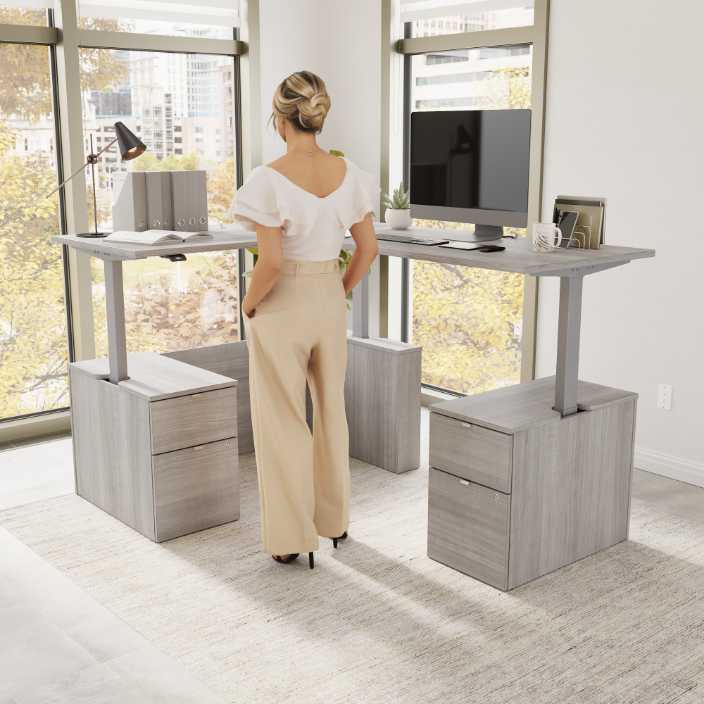 Shop Bush Business Furniture Stratus 60W x 78D Height Adjustable L Shaped Standing Desk with Drawers, Image 02, SUT017PG, #color_platinum gray
