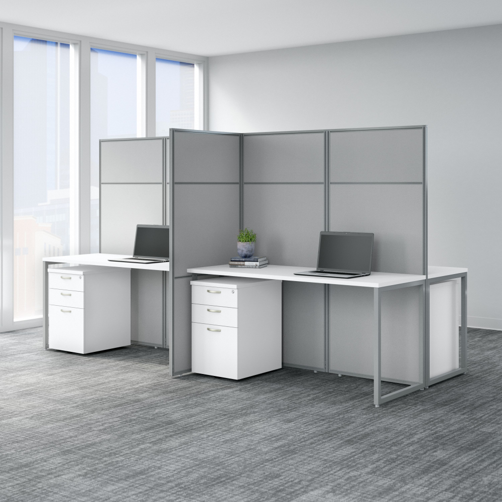 Shop Bush Business Furniture Easy Office 60W 4 Person Cubicle Desk with File Cabinets and 66H Panels, Image 02, EODH66SWH-03K, #color_pure white/silver gray fabric