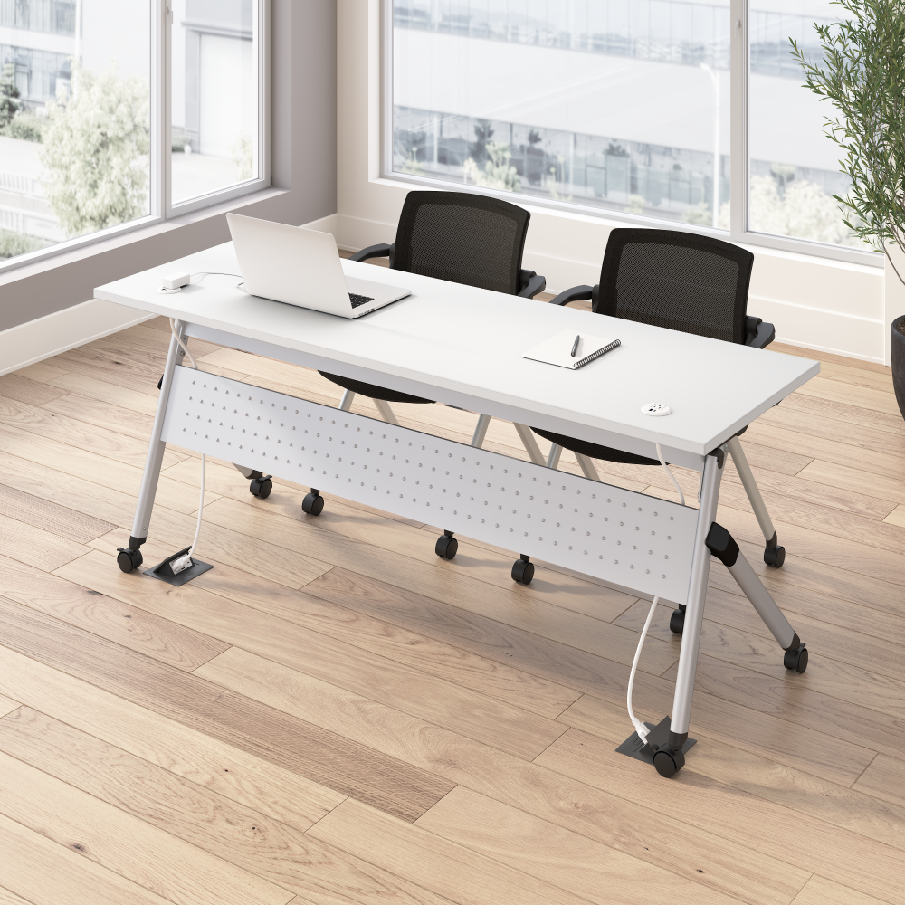 Shop Bush Business Furniture Envision 72W Training Table with Powered Grommets and 2 Chairs with Arms, Image 02, NVS006WH, #color_white/cool gray metallic