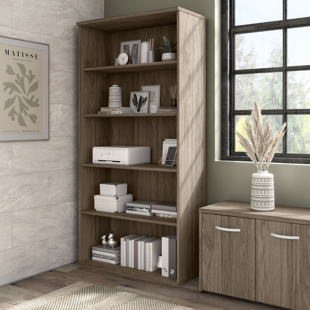 Shop Bush Business Furniture Hybrid Tall 5 Shelf Bookcase, Image 02, HYB136MH-Z, #color_modern hickory
