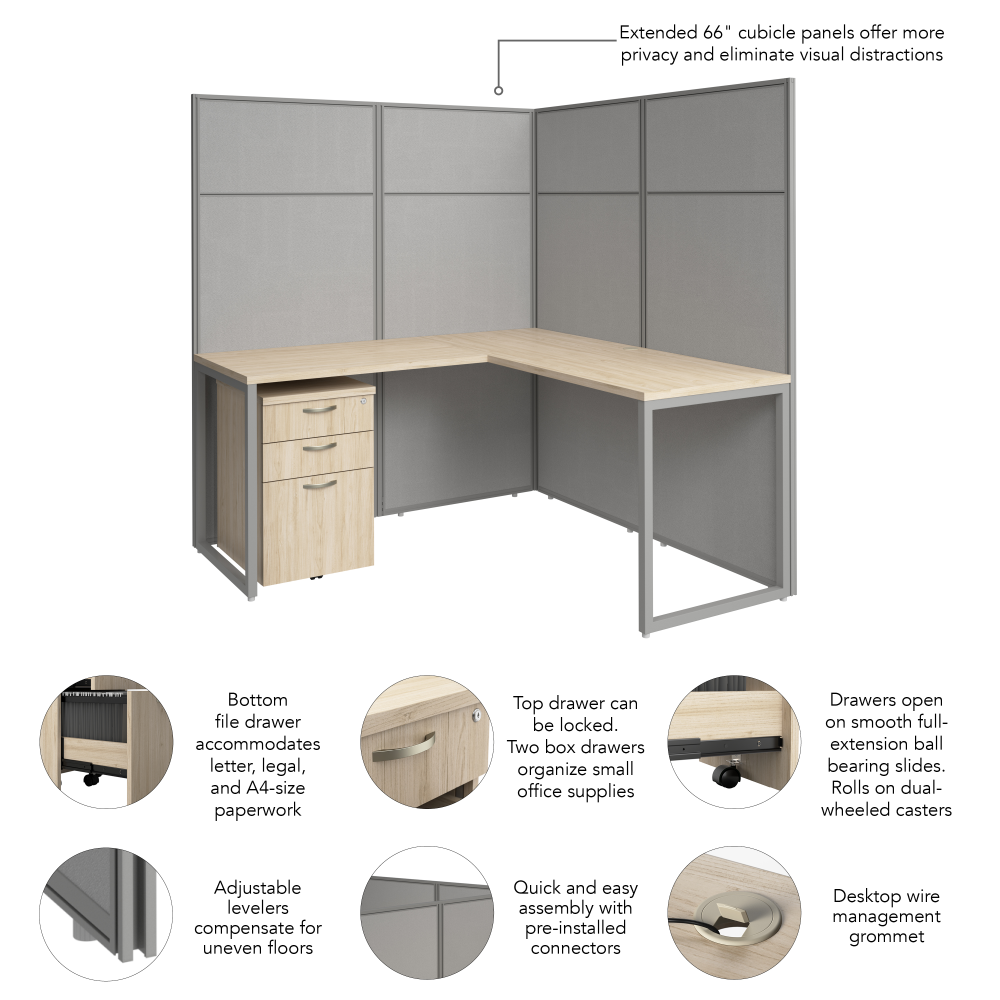 Shop Bush Business Furniture Easy Office 60-inch L Shaped Cubicle Desk with Drawers and Tall Panels, Image 07, EODH36SNE-03K, #color_natural elm/silver gray fabric
