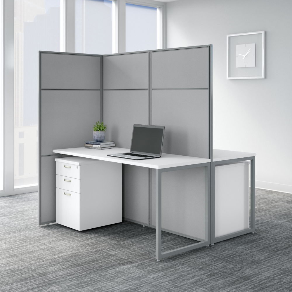 Shop Bush Business Furniture Easy Office 60W 2 Person Cubicle Desk with File Cabinets and 66H Panels, Image 02, EODH46SWH-03K, #color_pure white/silver gray fabric