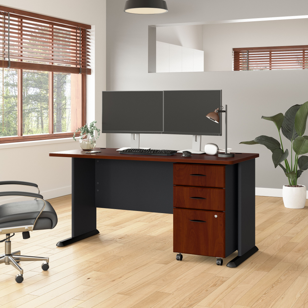 Shop Bush Business Furniture Series A 60W Desk with Mobile File Cabinet, Image 02, SRA003HCSU, #color_hansen cherry