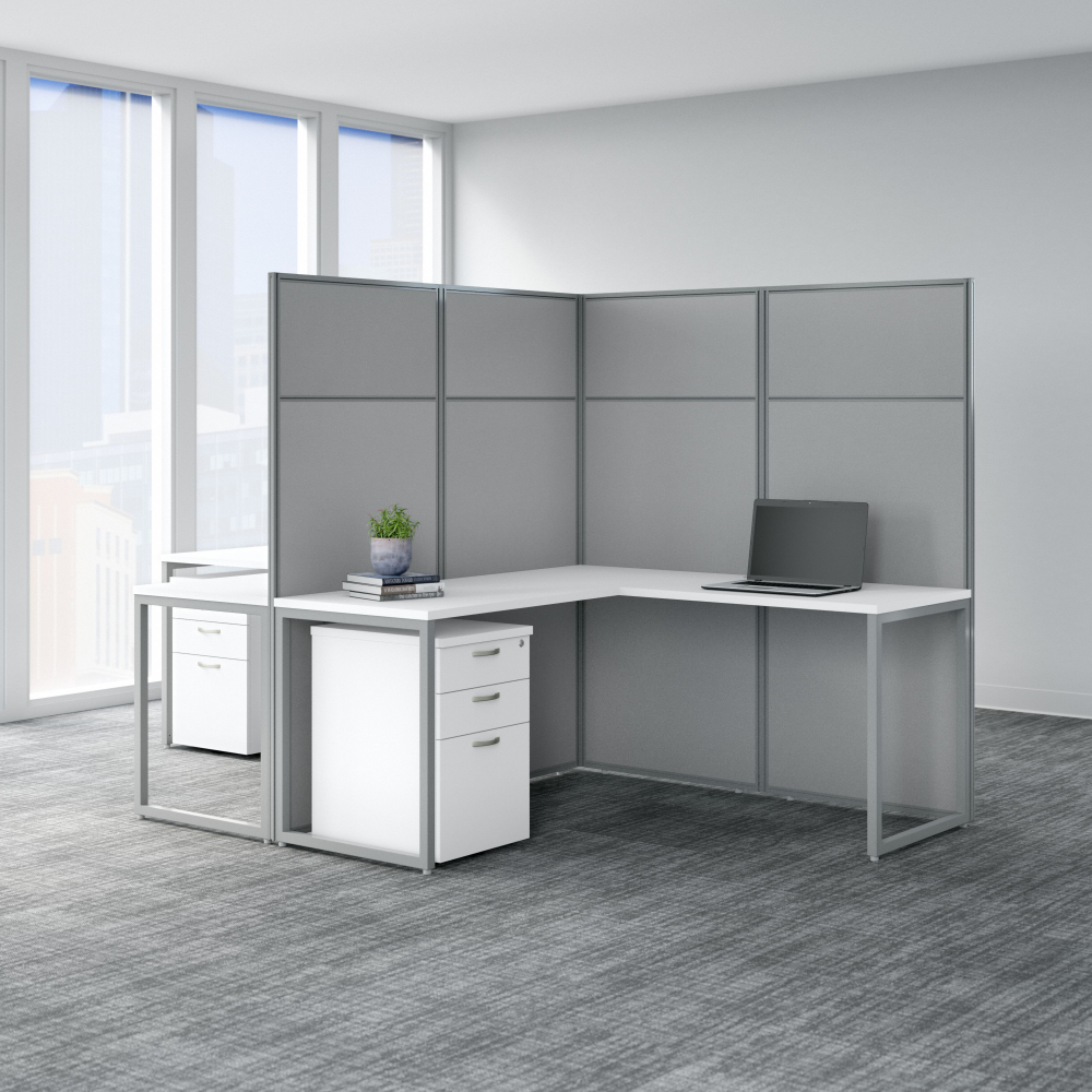 Shop Bush Business Furniture Easy Office 60W 2 Person L Shaped Cubicle Desk with Drawers and 66H Panels, Image 02, EODH56SWH-03K, #color_pure white/silver gray fabric