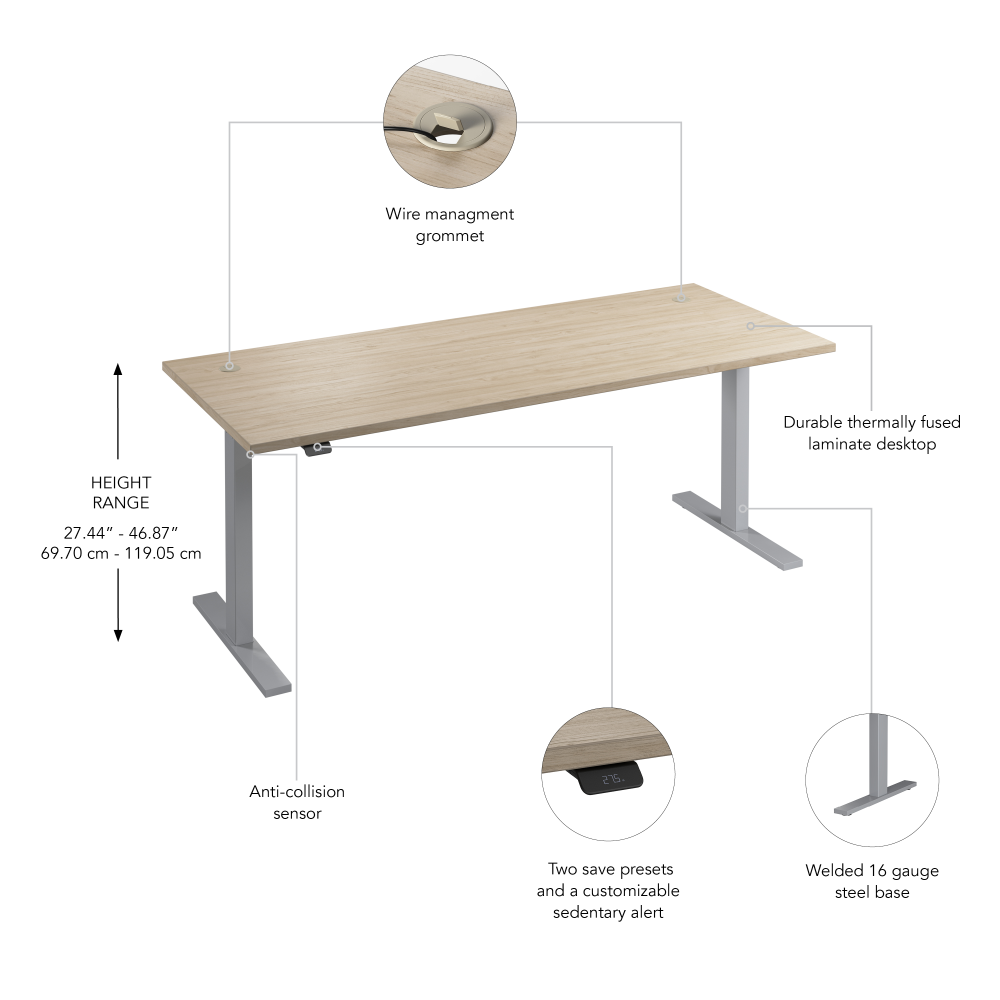 Shop Bush Business Furniture Move 60 Series 72W x 30D Electric Height Adjustable Standing Desk, Image 06, M6S7230NESK, #color_natural elm/cool gray metallic