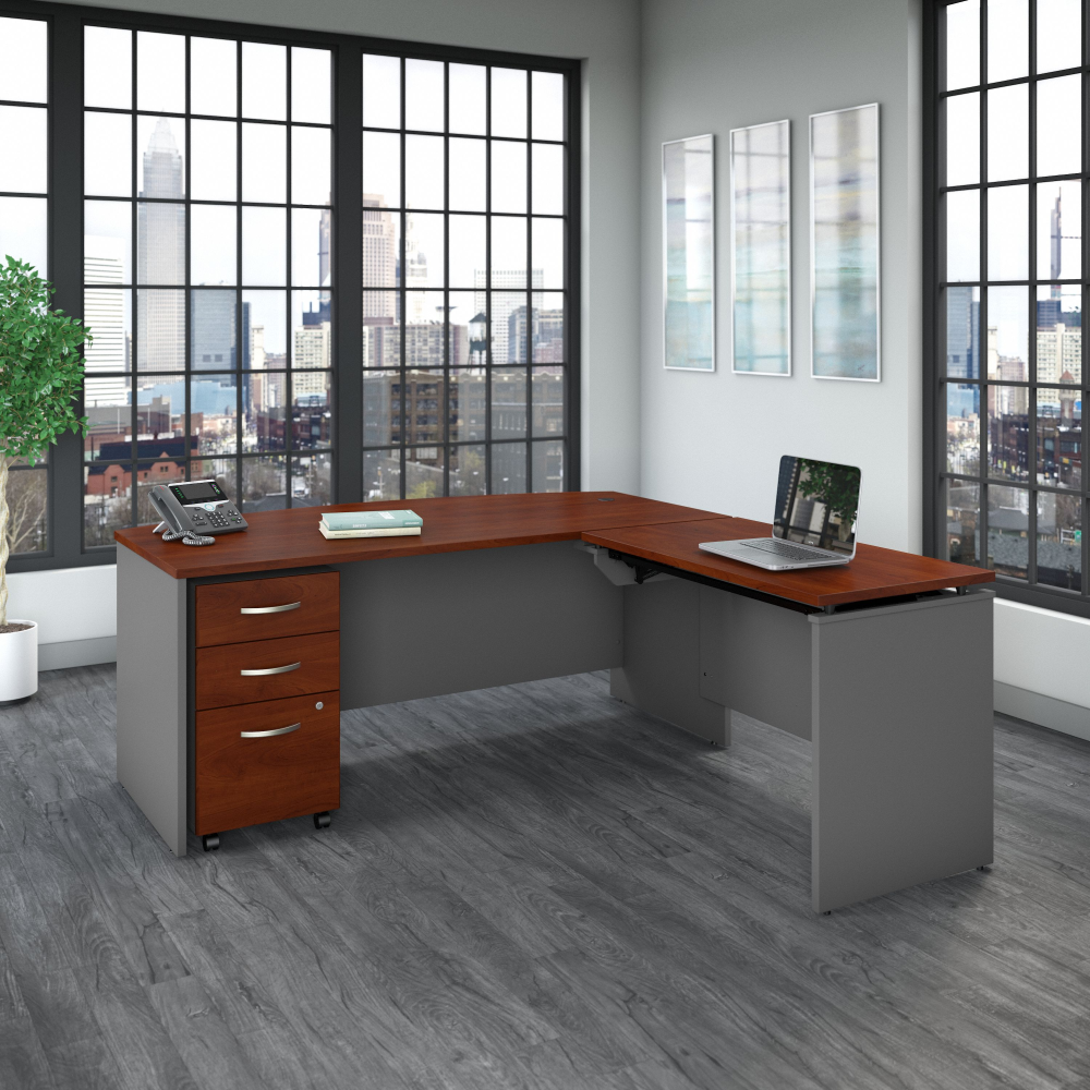 Shop Bush Business Furniture Series C 72W x 36D 3 Position Bow Front Sit to Stand L Shaped Desk with Mobile File Cabinet, Image 04, SRC126HCSU, #color_hansen cherry/graphite gray