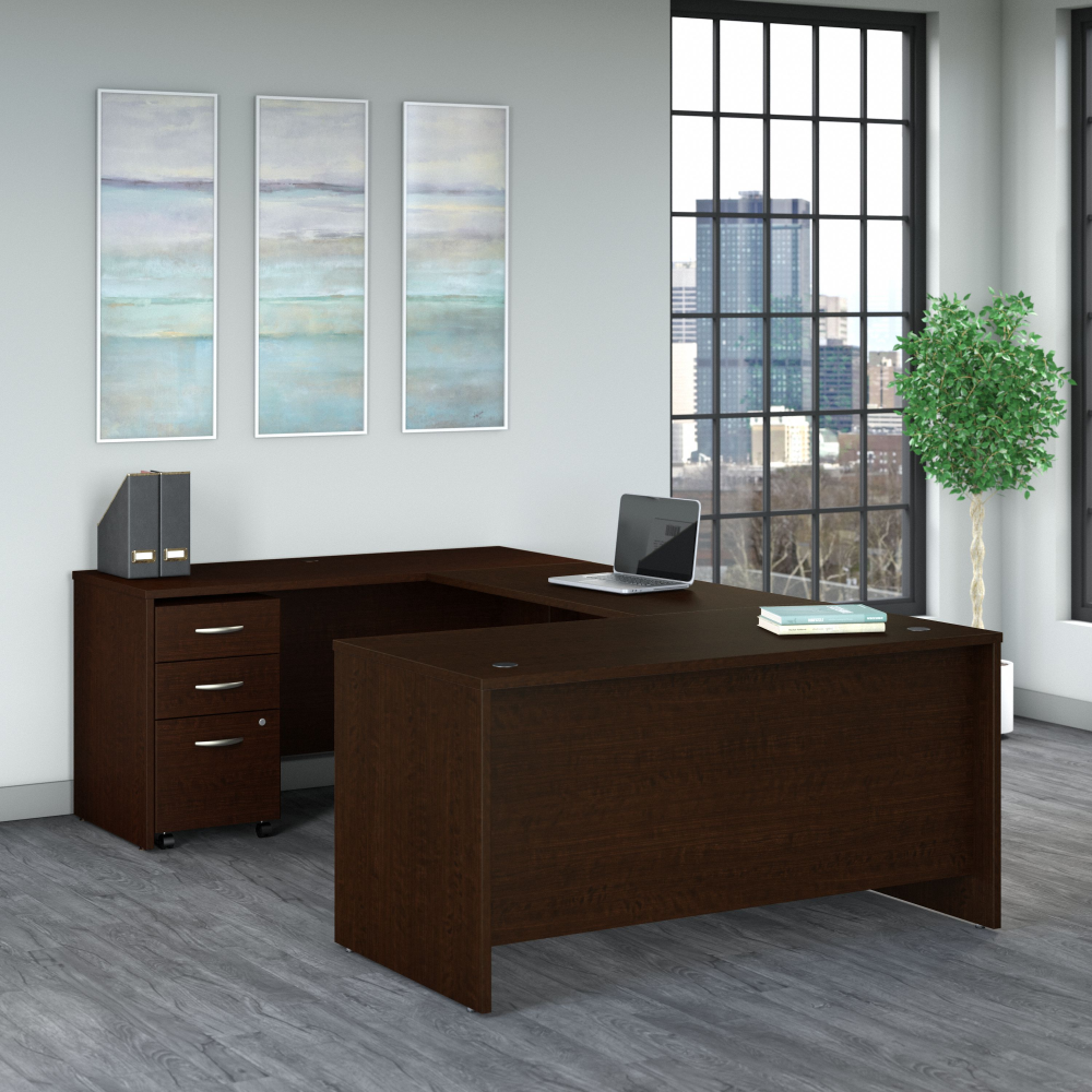 Shop Bush Business Furniture Series C 60W U Shaped Desk with 3 Drawer Mobile File Cabinet, Image 02, SRC148MRSU, #color_mocha cherry