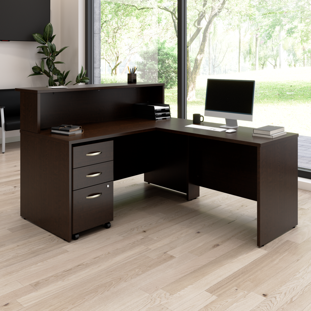 Shop Bush Business Furniture Arrive 60W x 72D L Shaped Reception Desk with Shelf and Mobile File Cabinet, Image 02, ARV004MR, #color_mocha cherry