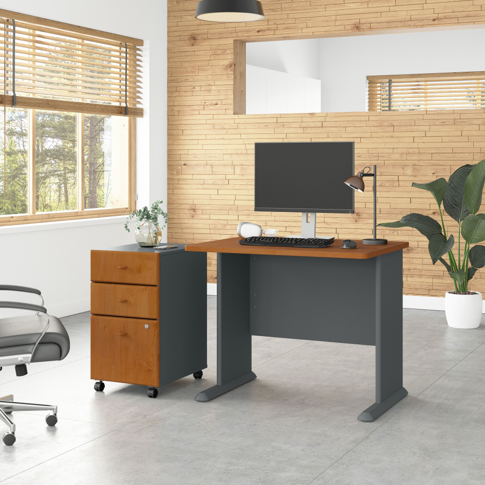 Shop Bush Business Furniture Series A 36W Desk with Mobile File Cabinet, Image 02, SRA024NCSU, #color_natural cherry/slate