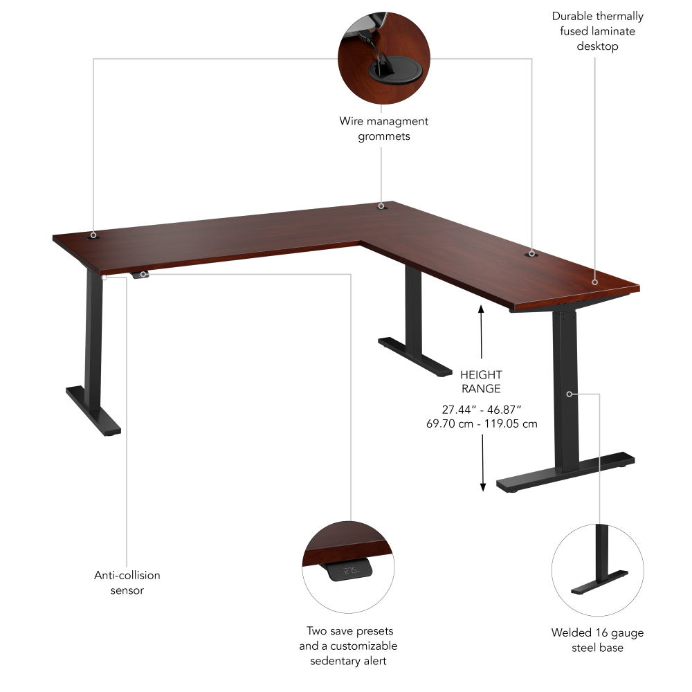 Shop Bush Business Furniture Move 60 Series 72W Height Adjustable L Shaped Standing Desk, Image 06, M6SL7278HCBK, #color_hansen cherry/black powder coat