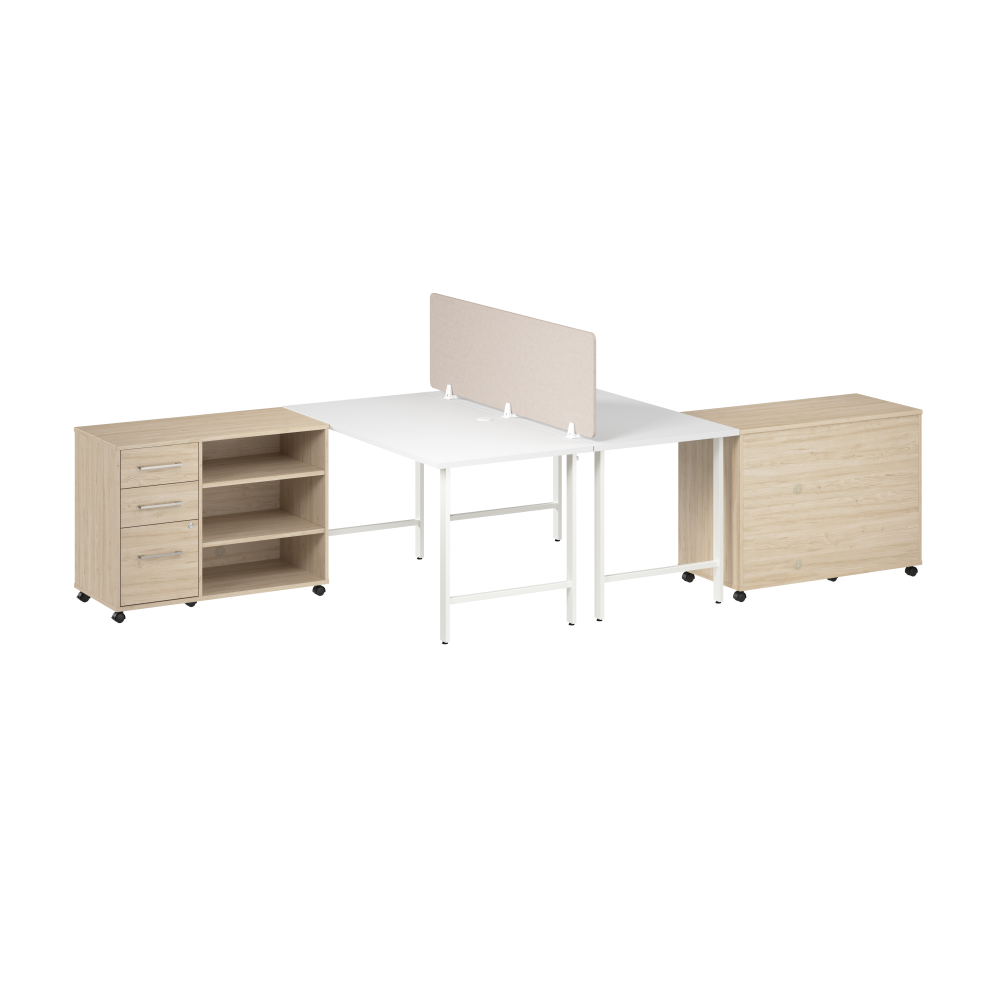 Shop Bush Business Furniture Hustle 2 Person Computer Desk with Mobile Storage Cabinets, Power Grommets, and Privacy Screen, Image 01, HUS016WHNE, #color_white/natural elm