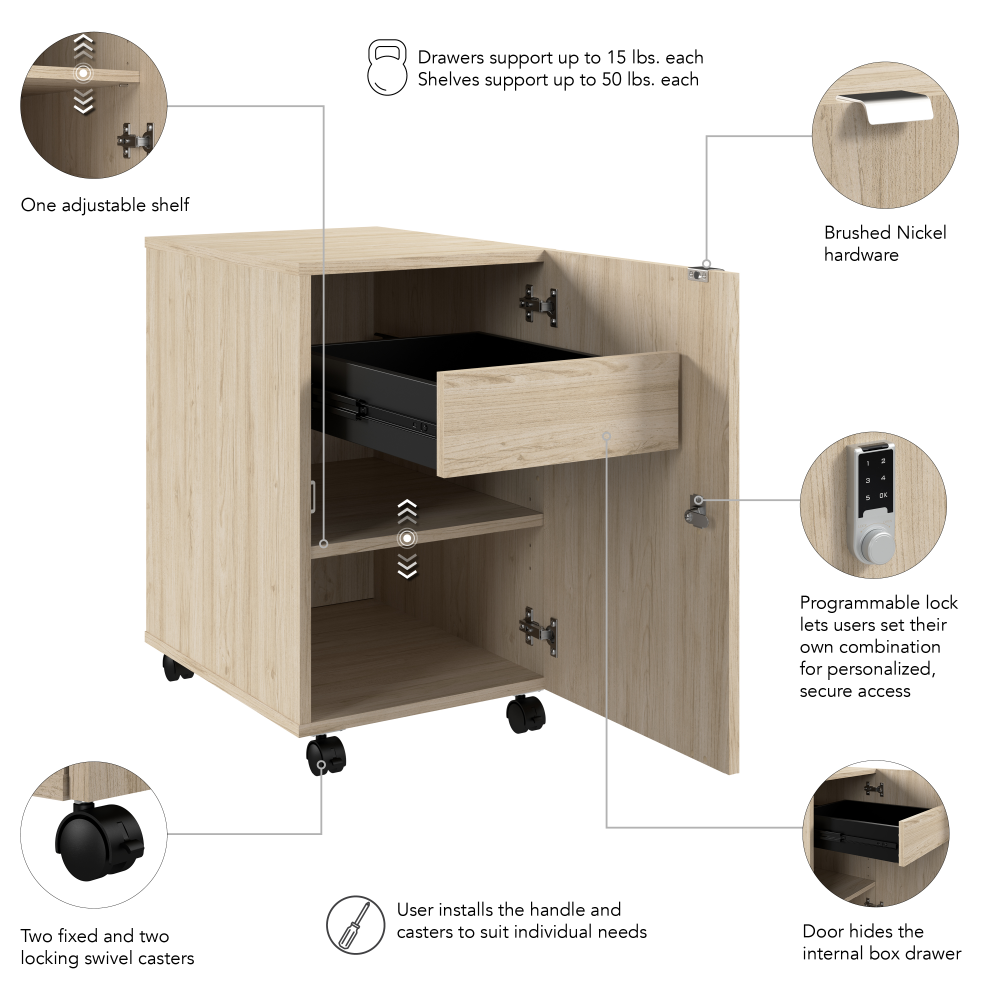 Shop Bush Business Furniture Assure Mobile File Cabinet with Drawer, Door, and Keypad Lock, Image 06, AUS116NESU, #color_natural elm